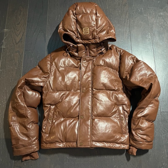 Aritzia Super Puff Puffer Jacket Brown Vegan Leather Women's Size SMALL - Picture 1 of 16